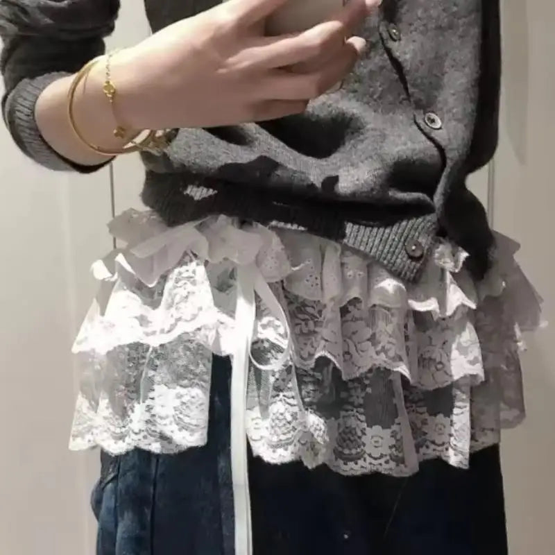 Y2K Lace Mini Layered Skirt, Coquette Tiered Denim-Look Skirt for Women