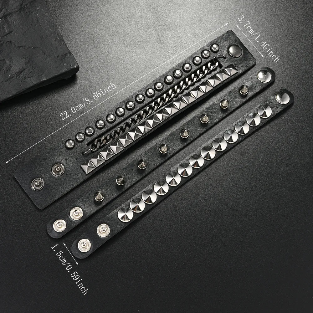 3-Piece Black Gothic Spike Rivet Bracelet Set – Punk Emo Boho Studded Wristbands