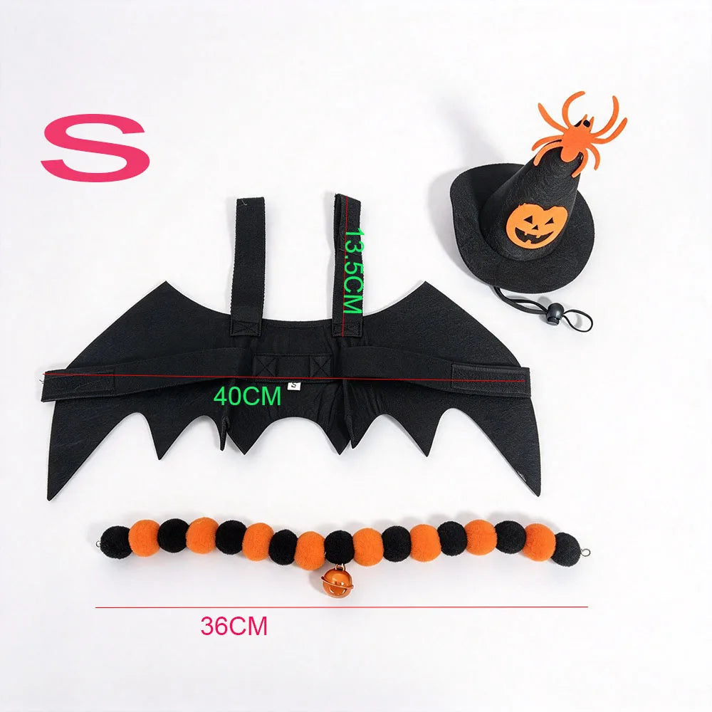 Halloween Spider Pet Costume for Dog Cat – Pumpkin Witch Hat, Bat Wings & Pom Pom Bell Collar Set