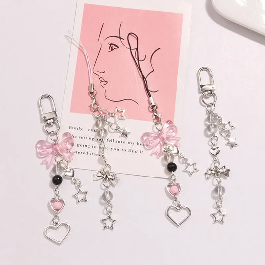 Gothic Y2K Pink Silver Bow Heart Star Phone Charm Keychain Jewelry for Women