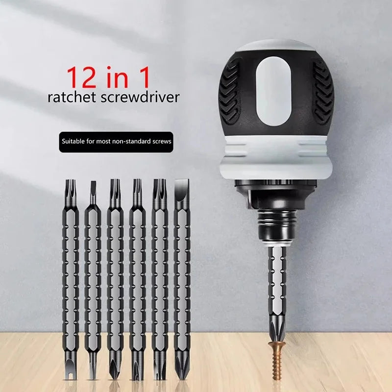 Ratchet Screwdriver Set with 12 Magnetic Bits, Compact Short Handle