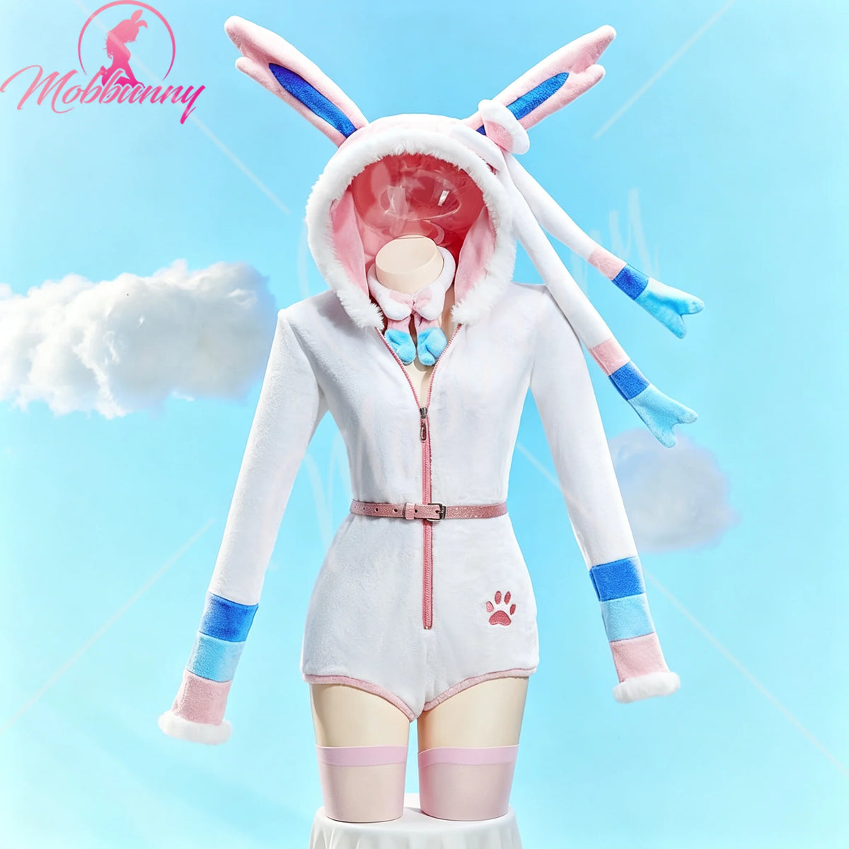 Kawaii Fluffy Hooded Bodysuit Romper – Deep V Bunny Cosplay Costume with Choker & Socks