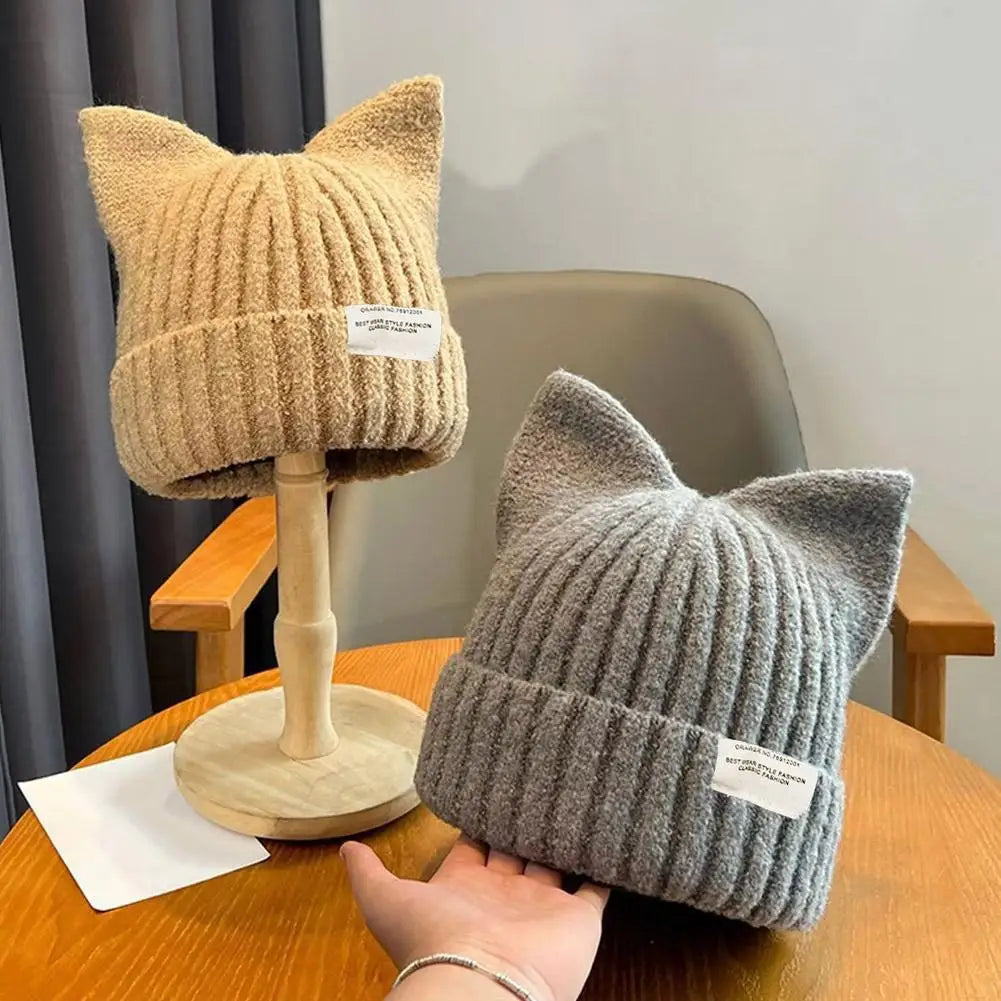 Cat Ear Knit Beanie Winter Hat - Warm Windproof Thick Cap for Women and Girls