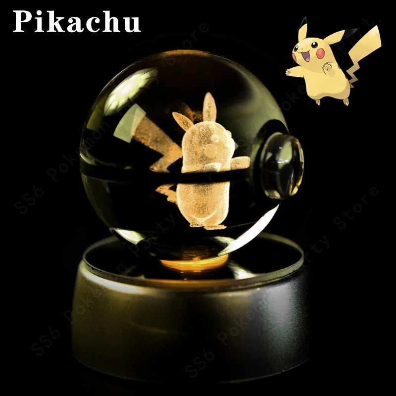 Pokemon 3D Crystal Ball Night Light - Glass Pokeball LED Lamp with Pikachu, Mewtwo & Gengar