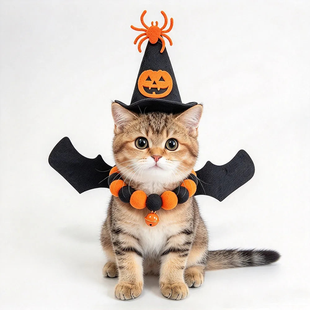 Halloween Spider Pet Costume for Dog Cat – Pumpkin Witch Hat, Bat Wings & Pom Pom Bell Collar Set