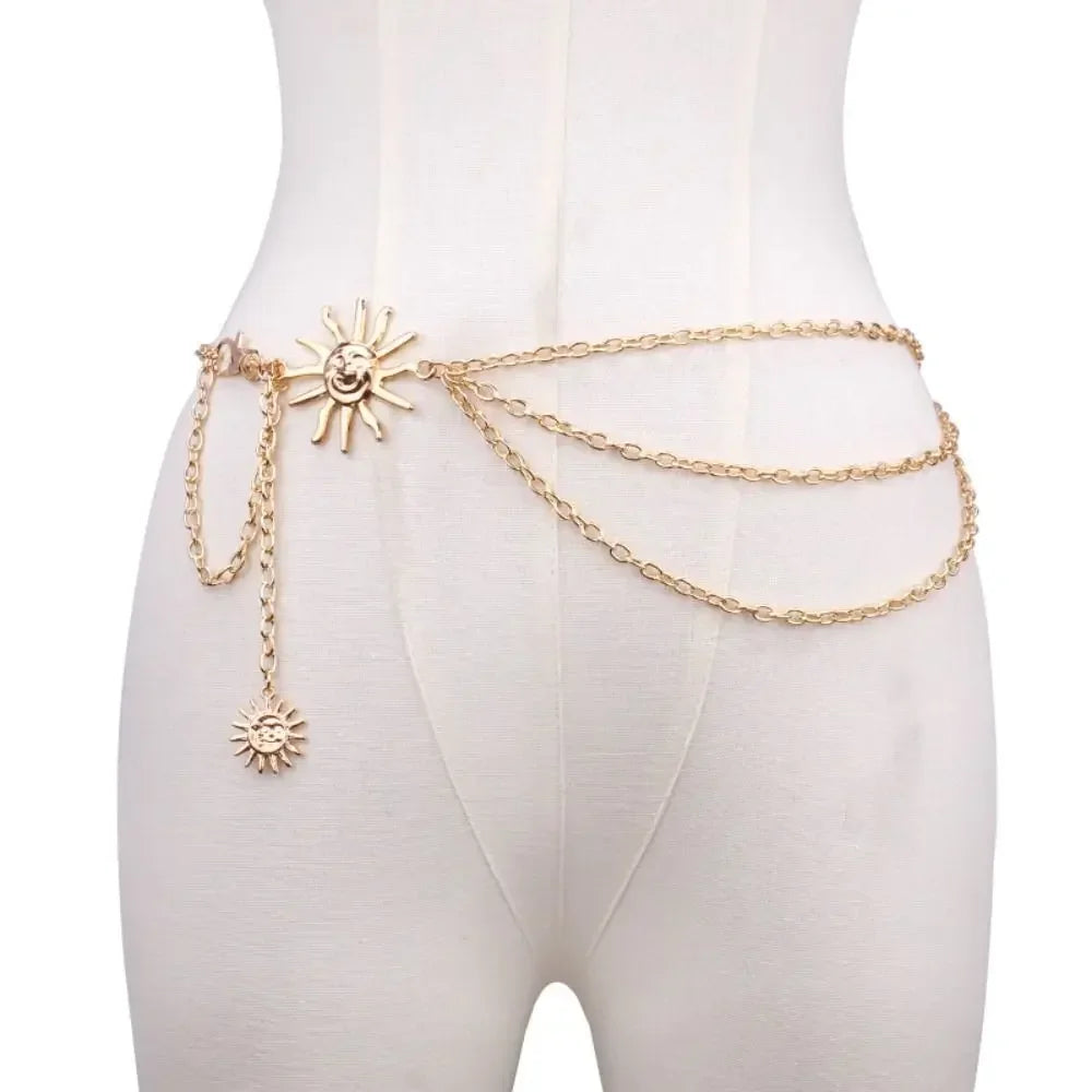 Punk Hip Hop Sun Waist Chain Belt – Vintage Gold & Silver Metal High Waist Chain for Women