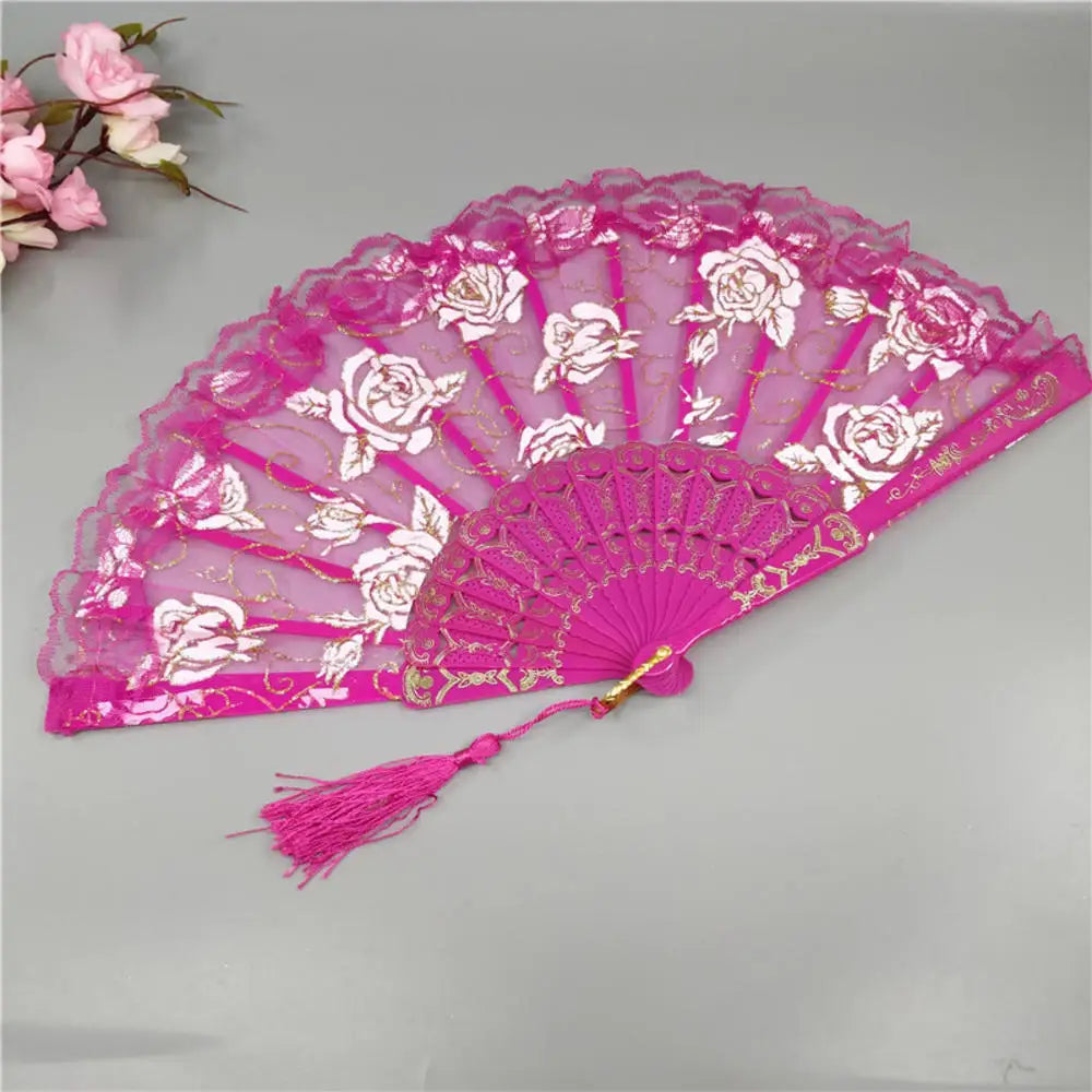 Lolita Lace Hand Fan – Gothic Victorian Folding Fan with Rose, Black White Red