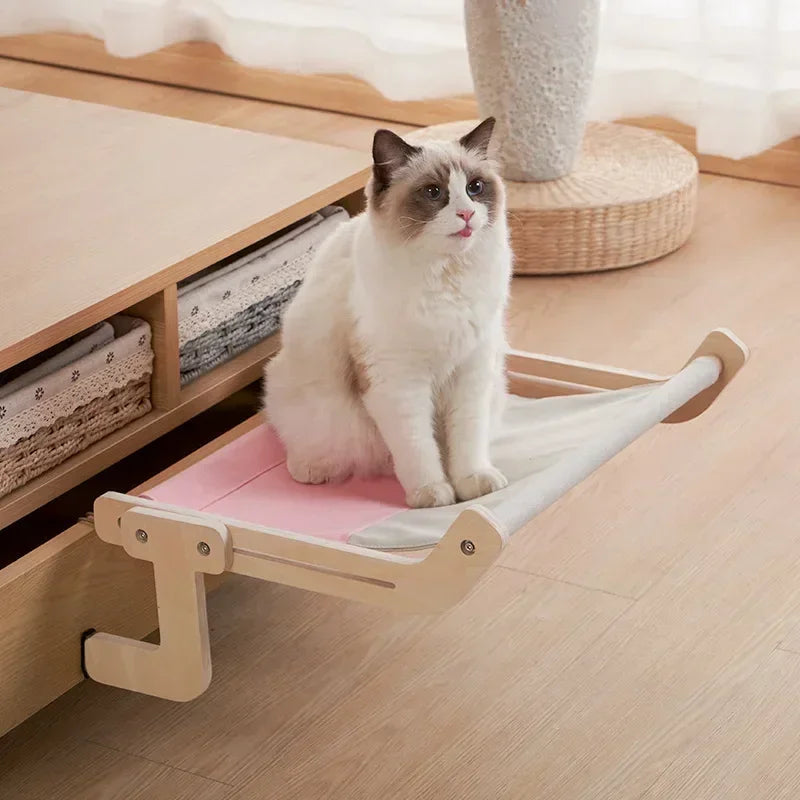 Wooden Cat Hammock Hanging Bed – Washable Cotton Canvas Cat Nest Bed with Plywood Frame