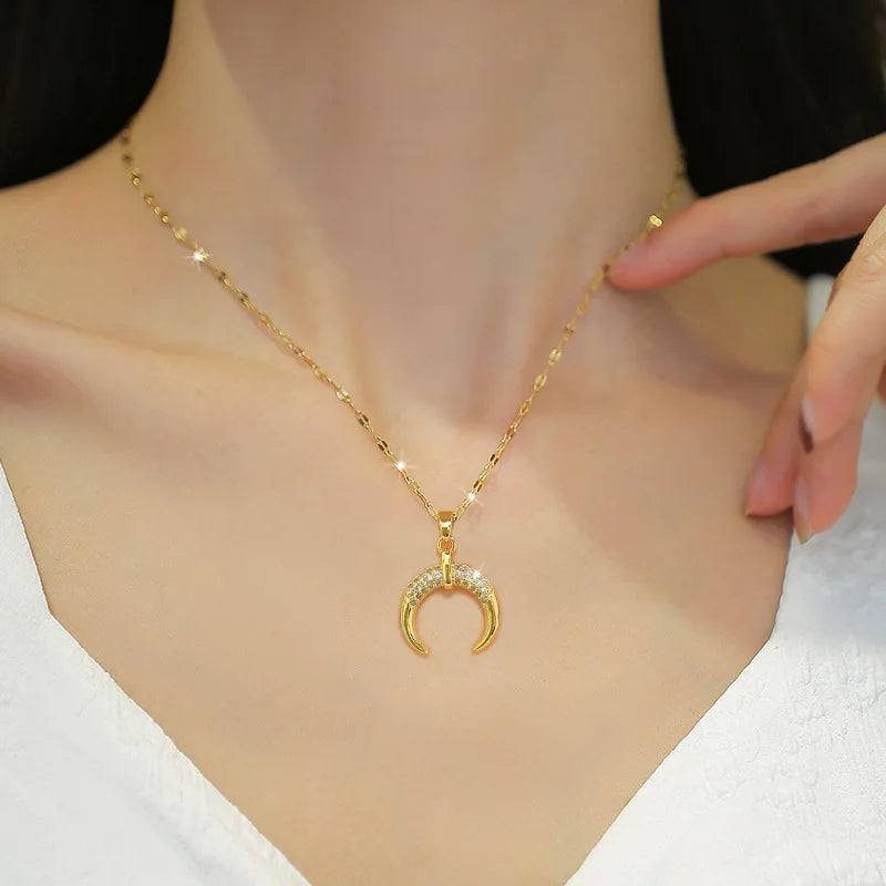 Crescent Moon Pendant Necklace Stainless Steel Zircon Vintage Jewelry