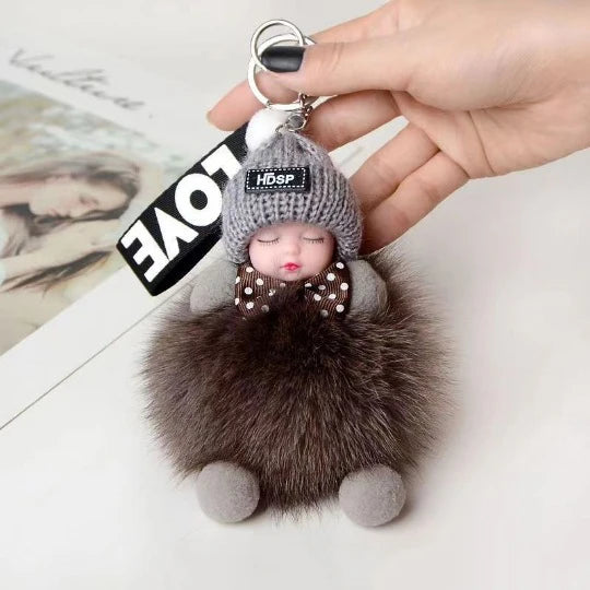 Cute Fluffy Sleepy Doll Keychain – Kawaii Plush Bag Charm Car Key Ring Gift