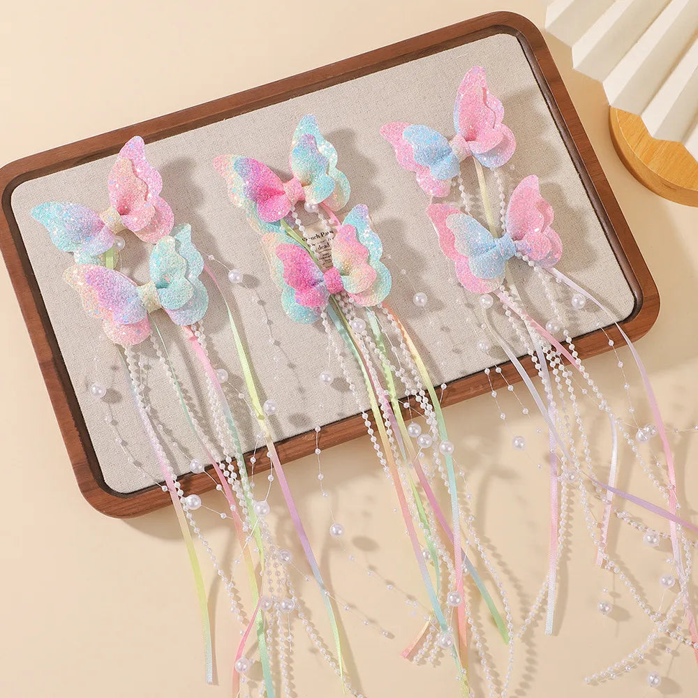 Sparkly Butterfly Bow Hair Clips for Girls – Long Pearl Tassel Ribbon Barrettes, Fairy Cosplay Hair Accessories