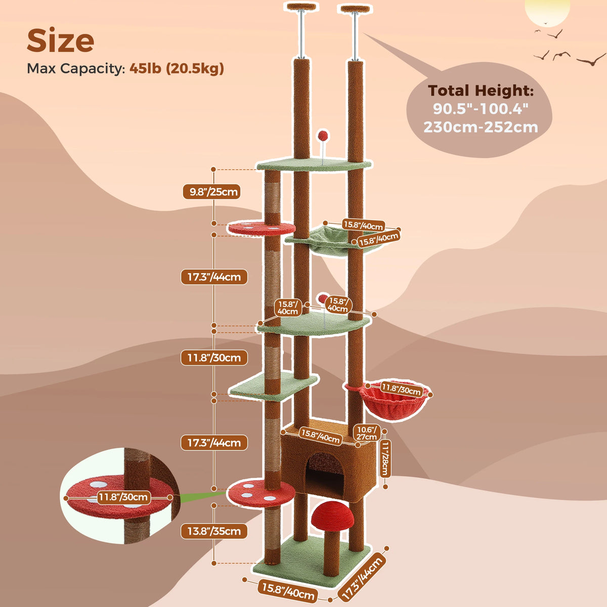 Cat Tree Floor to Ceiling Cat Tower Adjustable Height with Cat Condo Cozy Hammock and Scratching Post Tall Activity Tree Autumn Vibe