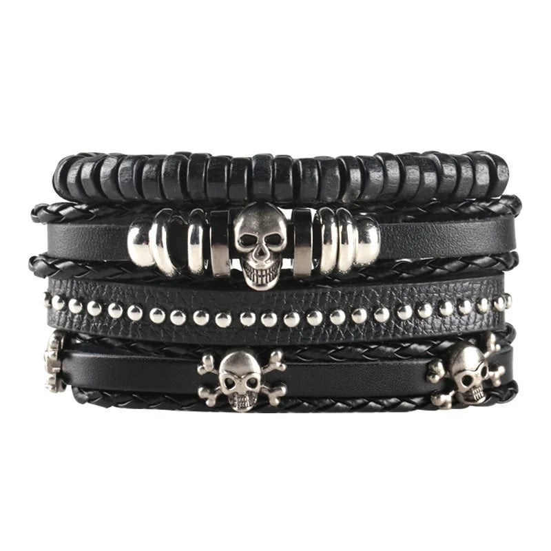 Black Punk Skull & Star Leather Bracelet Set – Gothic Alloy Wristband for Men & Women