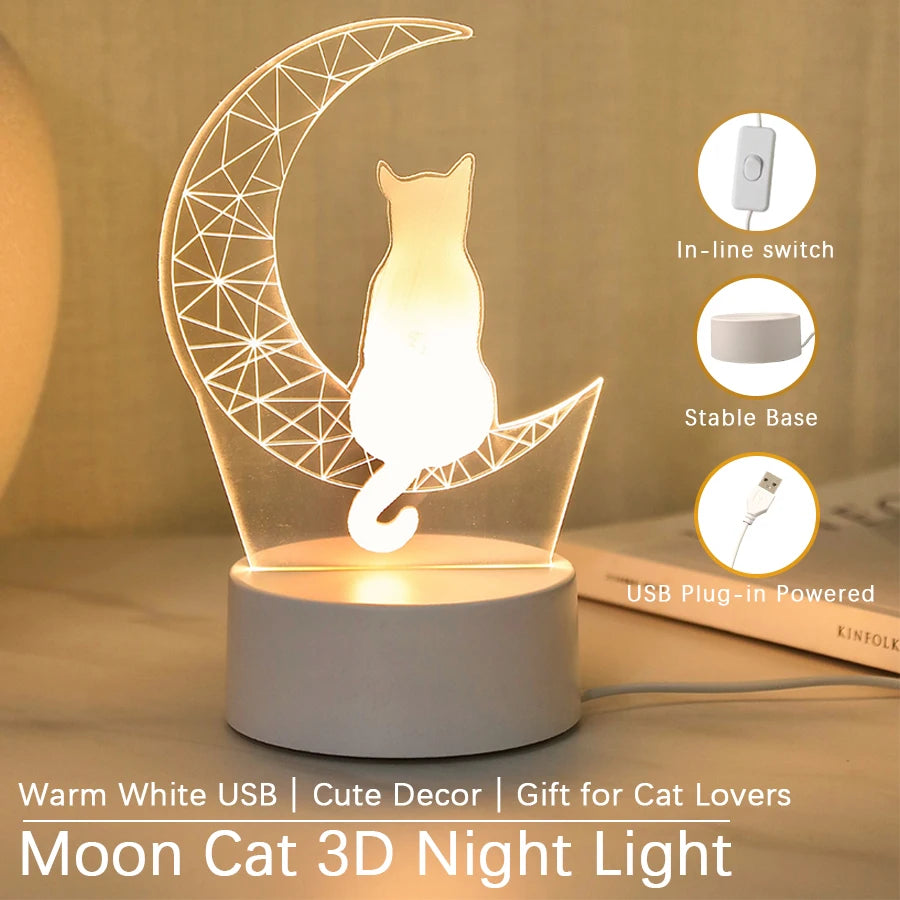 Moon Cat 3D Acrylic Night Light – USB Warm White LED Bedside Lamp