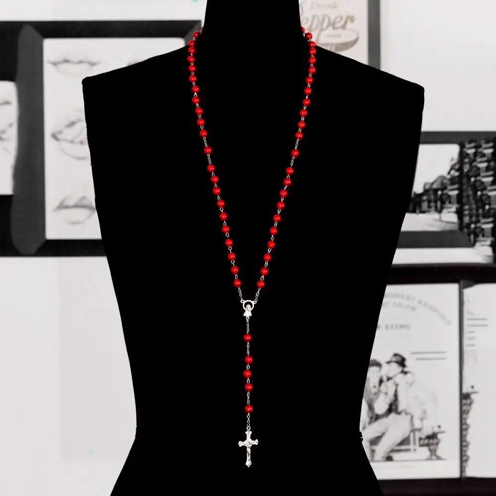 Rosary Bead Cross Necklace Vintage Virgin Mary Pendant Gothic Catholic Jewelry