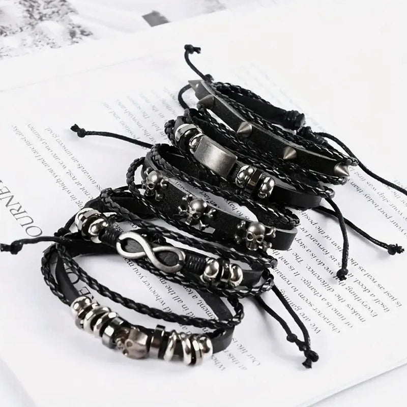 Black Punk Skull & Star Leather Bracelet Set – Gothic Alloy Wristband for Men & Women