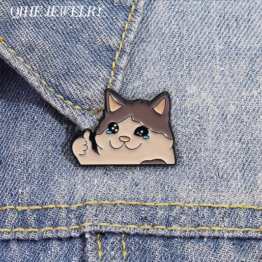 Thumb Up Crying Cat Enamel Pin Kawaii Animal Brooch Lapel Badge for Cat Lovers