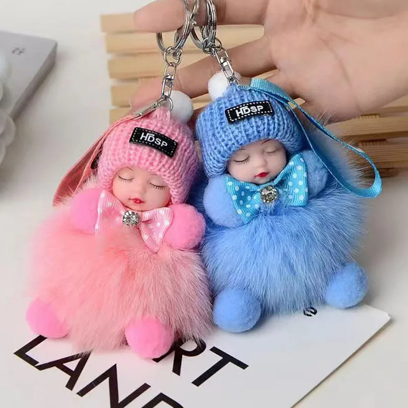 Cute Fluffy Sleepy Doll Keychain – Kawaii Plush Bag Charm Car Key Ring Gift