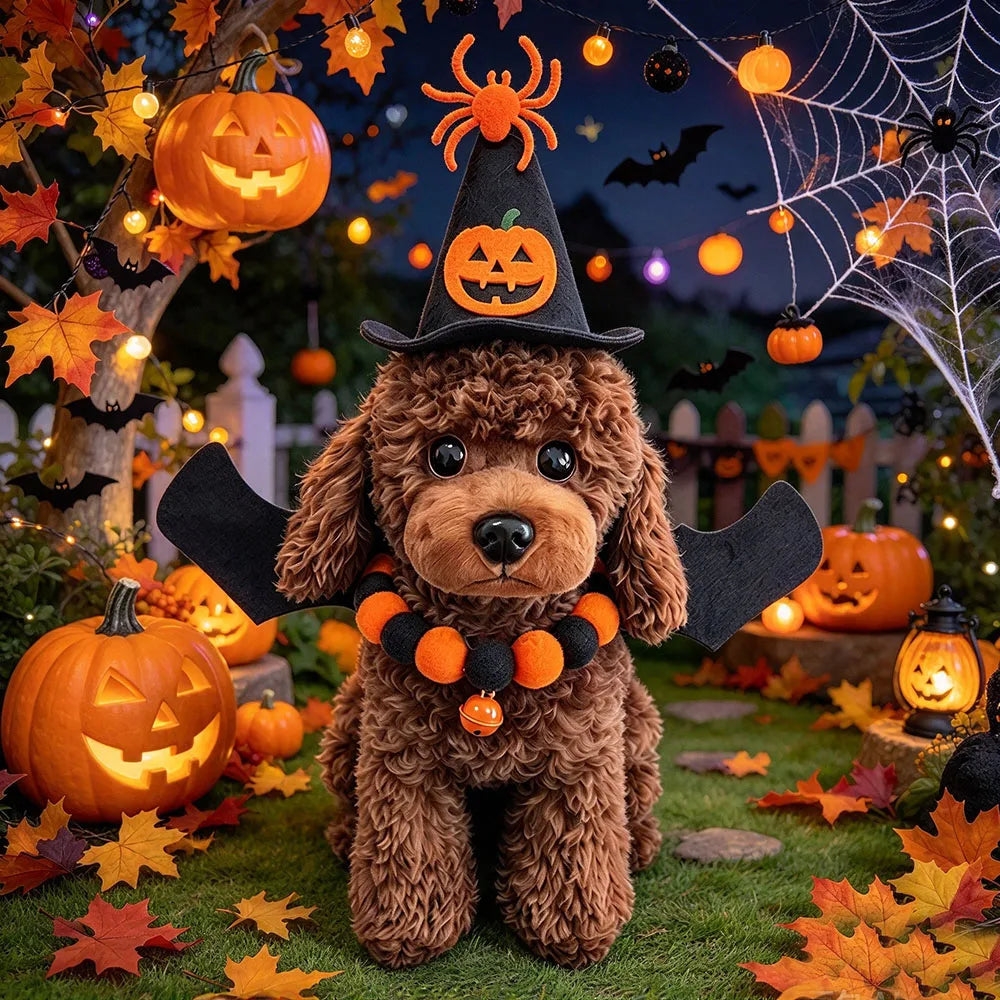 Halloween Spider Pet Costume for Dog Cat – Pumpkin Witch Hat, Bat Wings & Pom Pom Bell Collar Set