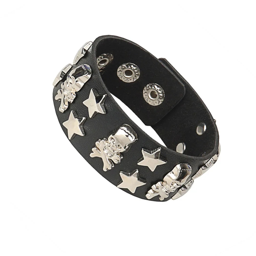 Punk Dark PU Leather Layered Wrap Bracelet for Women and Men – Gothic Chain Hip Hop Rock Jewelry