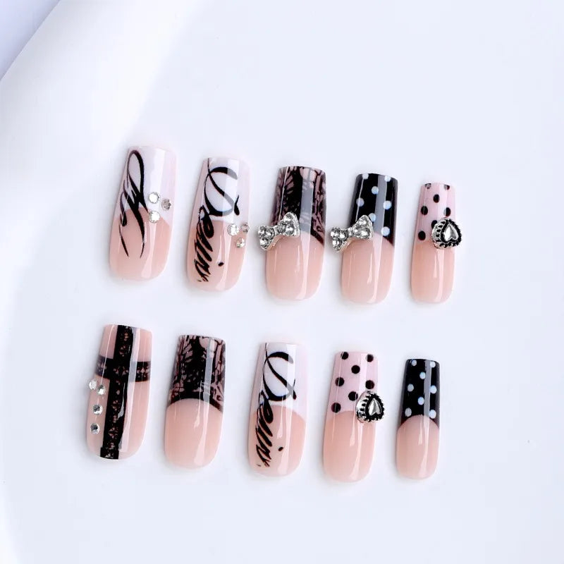 Y2K Black Lace Cross Press On Nails 24pcs - Polka Dot Bow Heart False Nails