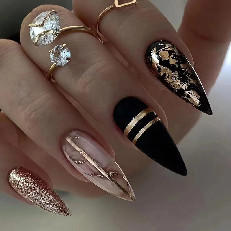 24Pcs Black Y2K Press On Nails, Diamond Butterfly Halloween Long Almond Tips