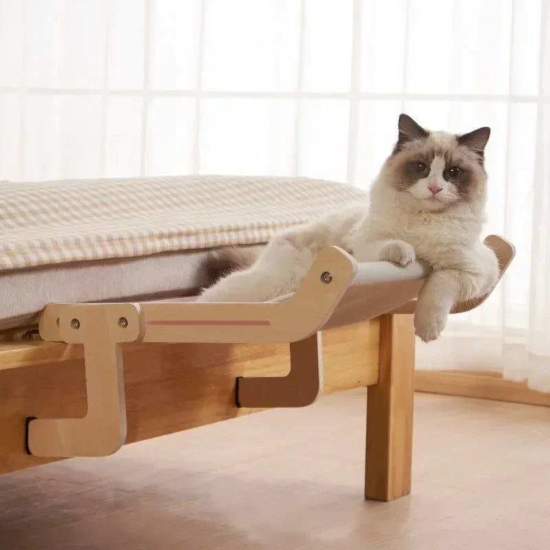 Wooden Cat Hammock Hanging Bed – Washable Cotton Canvas Cat Nest Bed with Plywood Frame