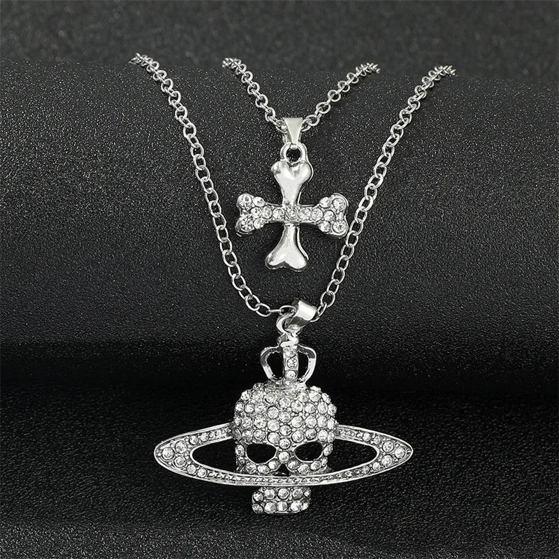 Rhinestone Skull Pendant Long Cross Chain Necklace Vintage Punk Goth Jewelry for Women Men