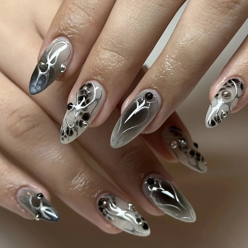 24Pcs Black Y2K Press On Nails, Diamond Butterfly Halloween Long Almond Tips