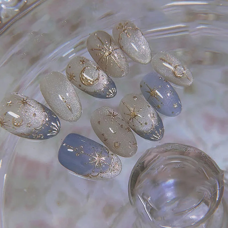 Y2K Star Press On Nails 24pcs – Blue Gradient French Gold Moon Almond False Nails