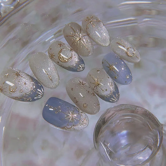 Y2K Star Press On Nails 24pcs – Blue Gradient French Gold Moon Almond False Nails