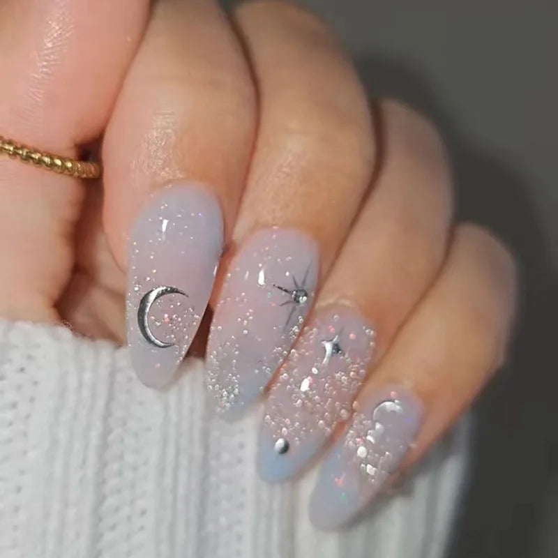 Y2K Star Press On Nails 24pcs – Blue Gradient French Gold Moon Almond False Nails