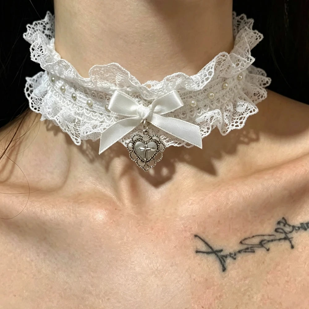 Wide Lace Rivet Choker Necklace - Y2K Angel Wing Leather Collar for Women & Girls