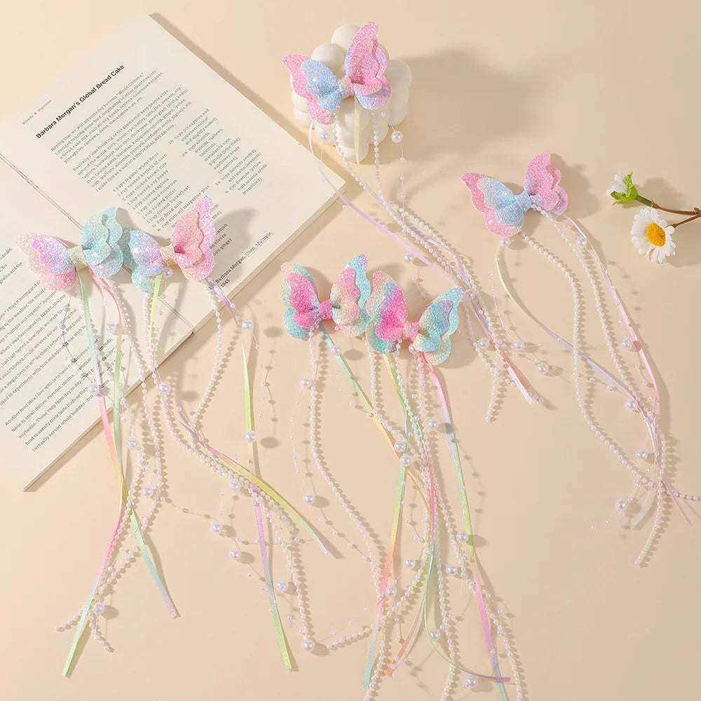 Sparkly Butterfly Bow Hair Clips for Girls – Long Pearl Tassel Ribbon Barrettes, Fairy Cosplay Hair Accessories