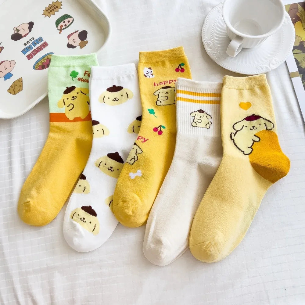 Sanrio Pompompurin Socks – Kawaii Mid-Length Breathable Cotton Socks for Girls