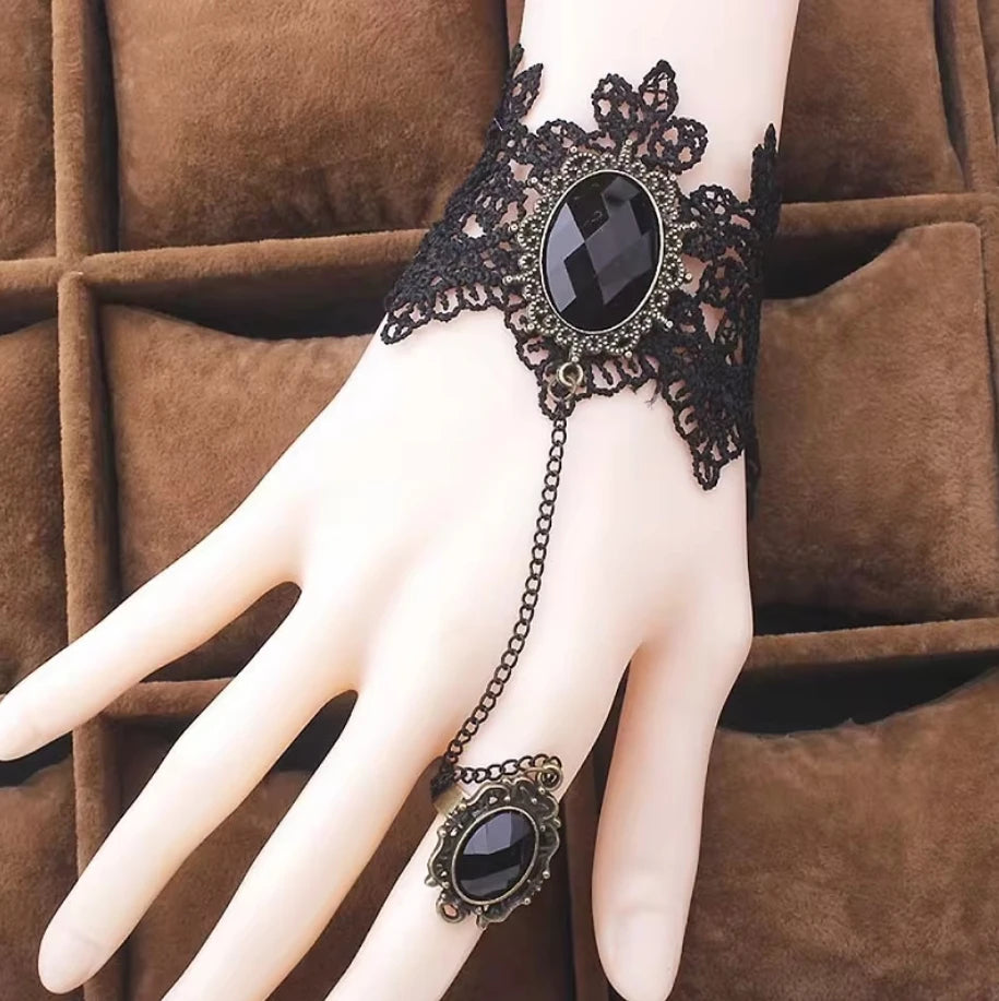 Gothic Victorian Black Lace Choker Necklace with Crystal Tassel, Dark Lolita Jewelry