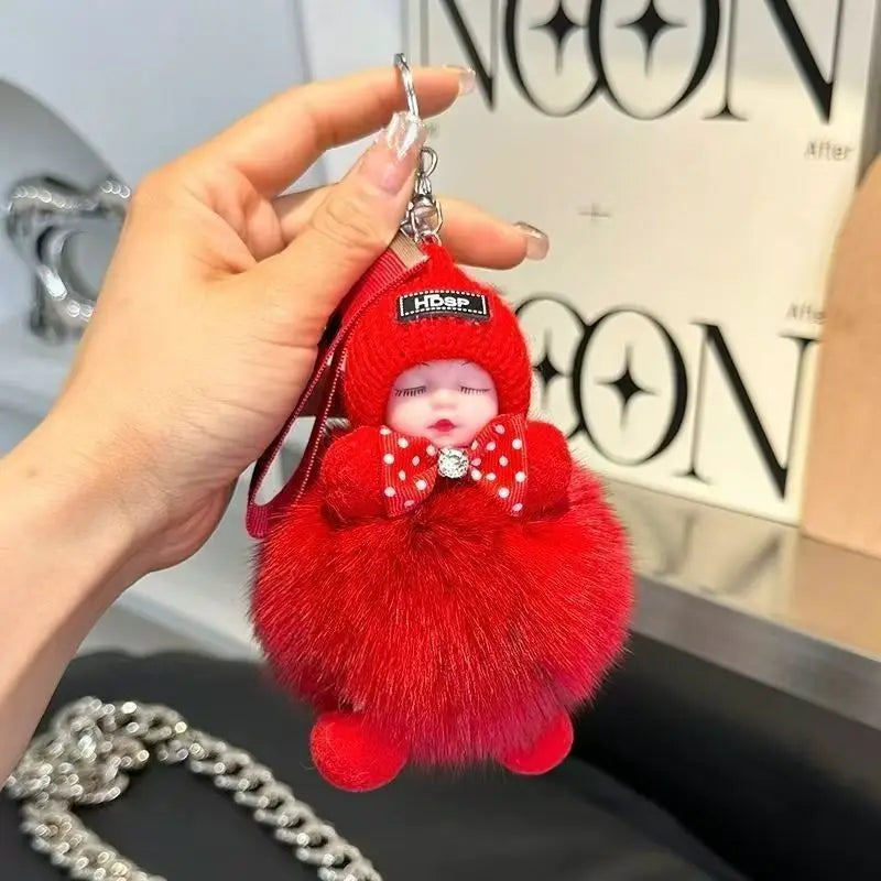 Cute Fluffy Sleepy Doll Keychain – Kawaii Plush Bag Charm Car Key Ring Gift