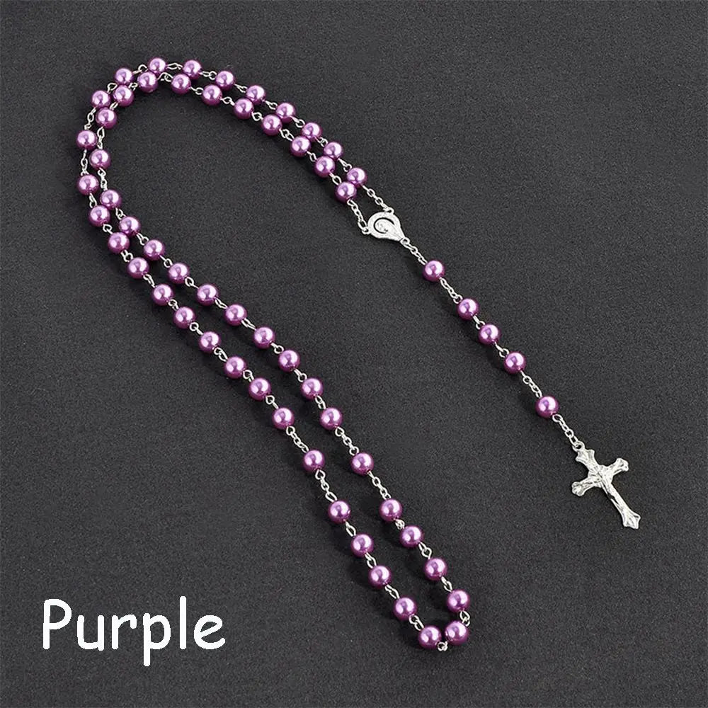 Rosary Bead Cross Necklace Vintage Virgin Mary Pendant Gothic Catholic Jewelry