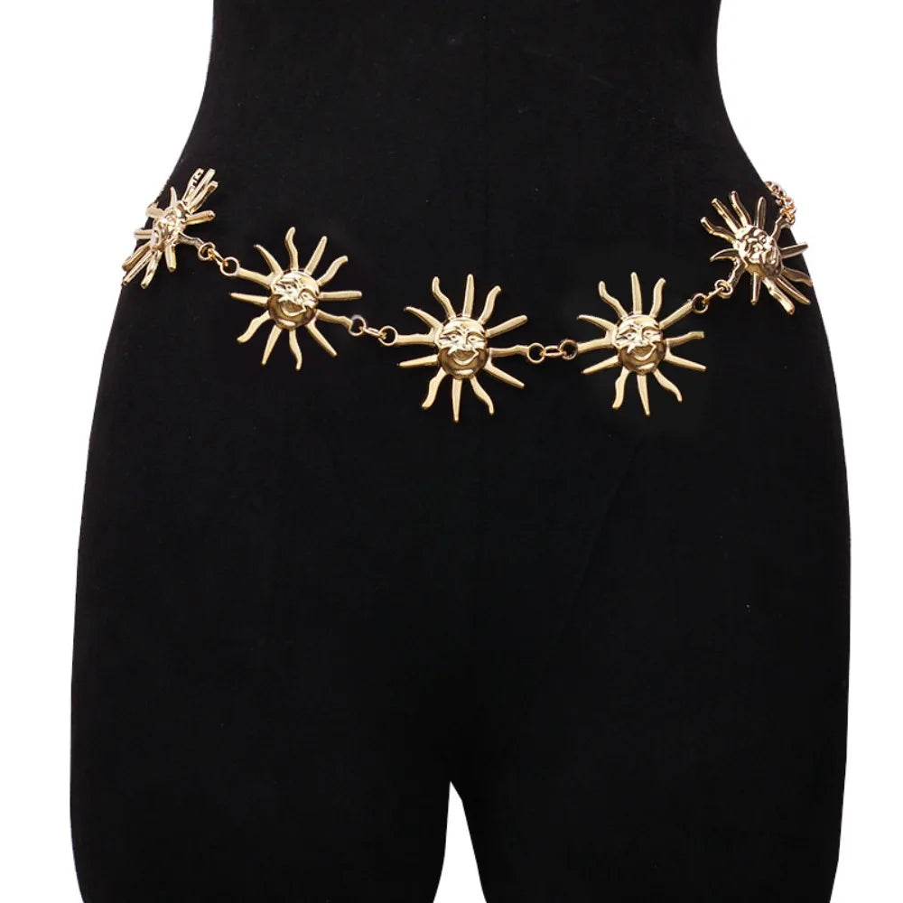 Punk Hip Hop Sun Waist Chain Belt – Vintage Gold & Silver Metal High Waist Chain for Women