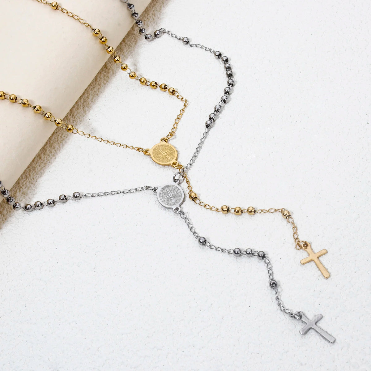Rosary Necklace Stainless Steel Cross Pendant Prayer Beads Gothic Jewelry Gift 52cm