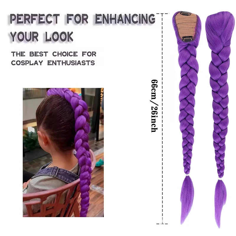 Purple Braided Ponytail Wig with Clips – 26 Inch Long Anime Cosplay Wig for Kids & Girls