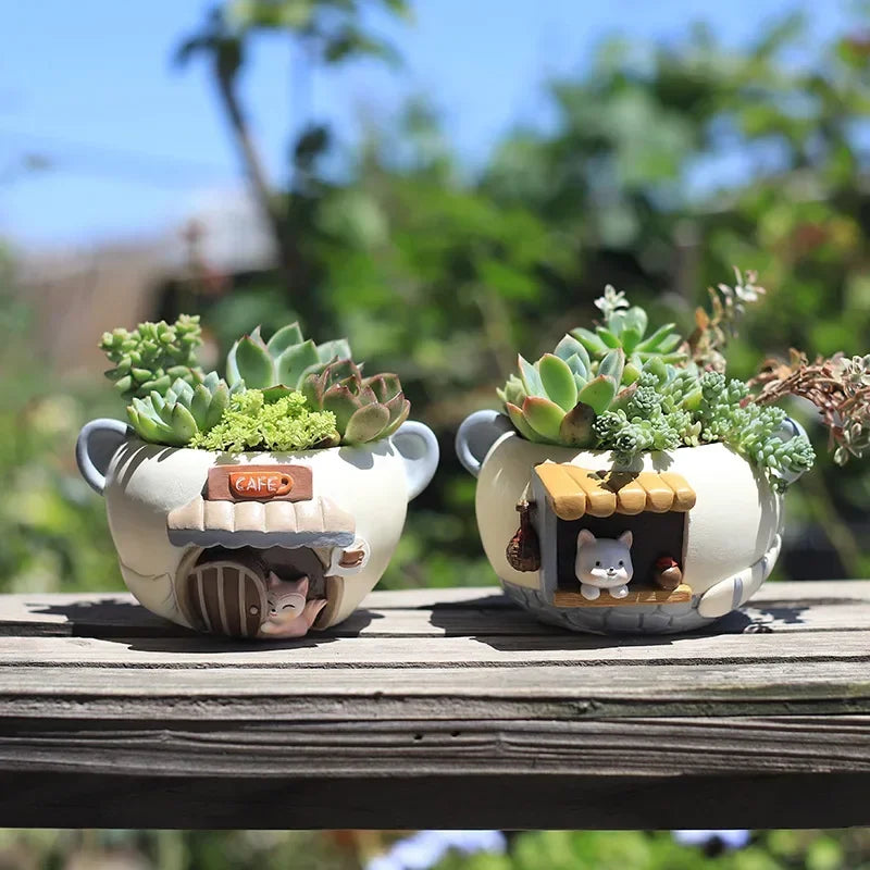 Cute Kitty Fox Resin Succulent Planter Mini Desk Flowerpot for Home Office Decor